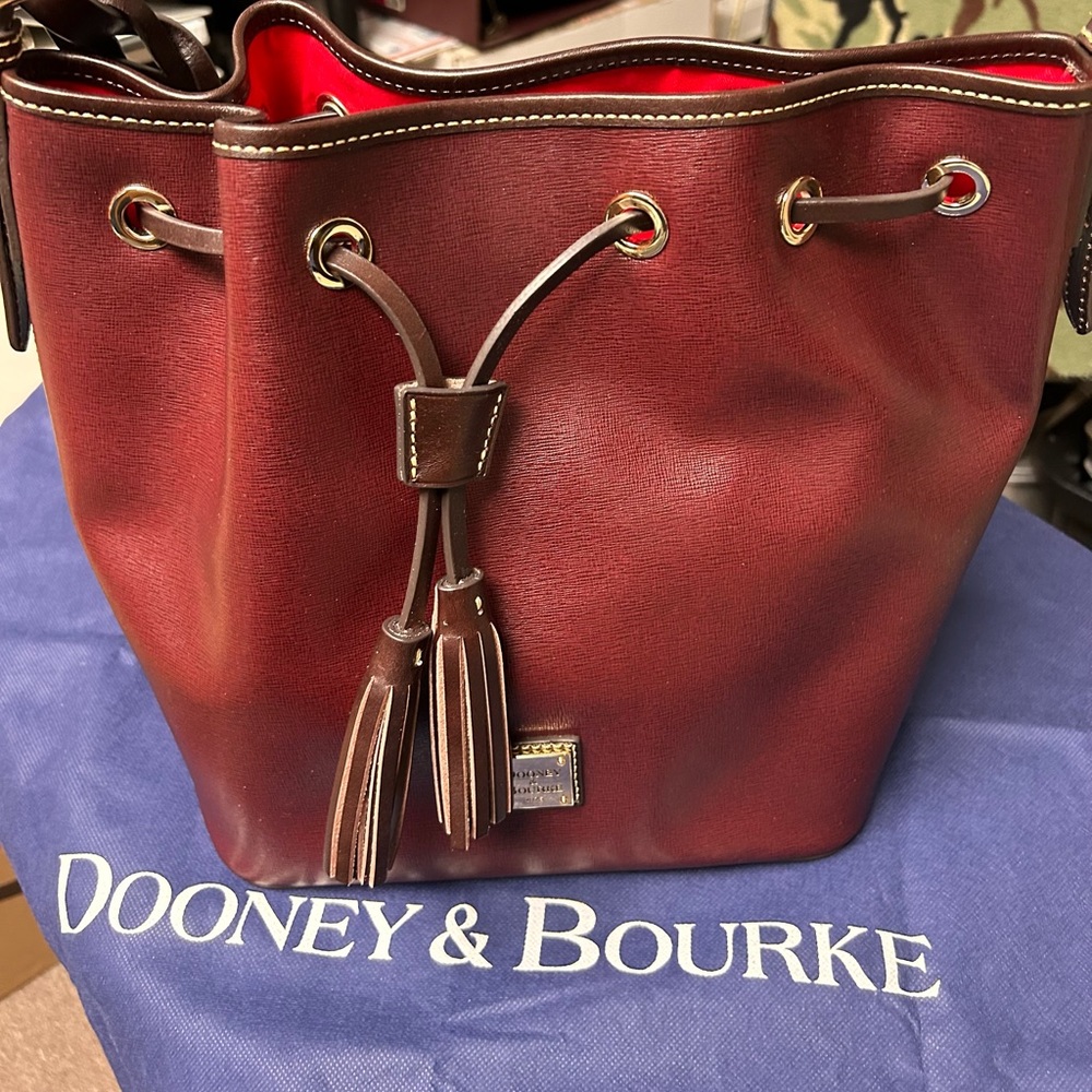 Dooney & Bourke Pebble Grain Tasha Drawstring Bordeaux Color Shoulder Bag - Picture 3 of 12